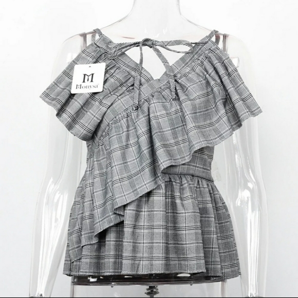 Gray Plaid Ruffle Blouse - Picture 5 of 6